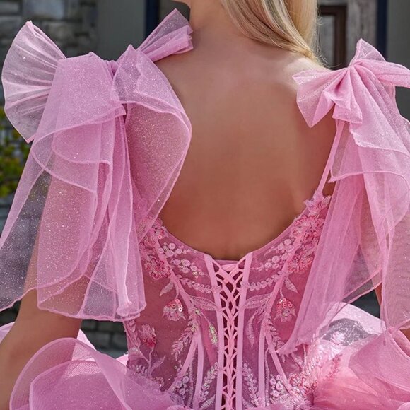 New Pink Dazzling Rhinestones Embellished Ruffled Quinceanera Tulle Gown GL3804 - Picture 11 of 14